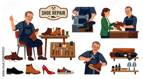Shoe repair services with a skilled craftsman fixing various shoes and footwear