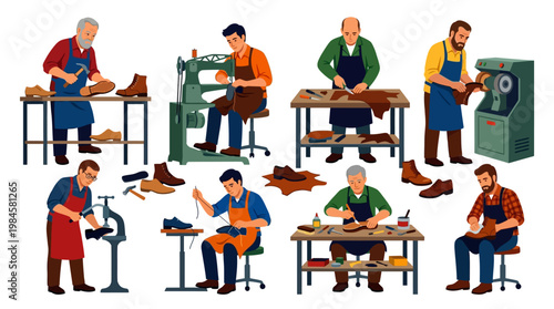 Shoe makers working at various stations with tools and equipment to craft leather shoes