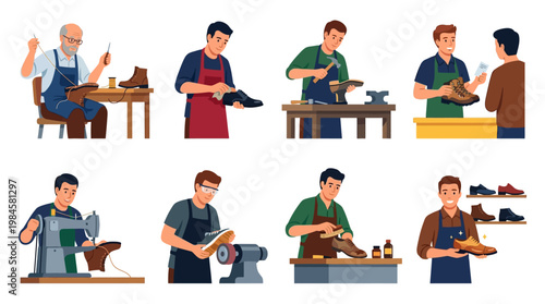 Shoe repair service with various workers making and fixing shoes
