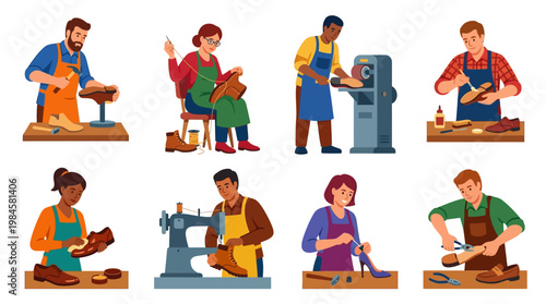 People working in a shoe workshop making and repairing shoes