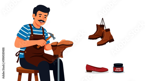 Cartoon shoemaker working on brown boot with hammer and tools nearby