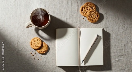 Cozy Still Life: Tea, Cookies, Notebook, and Pen on Linen Fabric