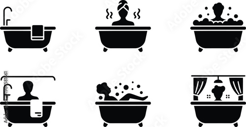 Silhouettes of people relaxing and bathing in bathtubs shown as simple black icons