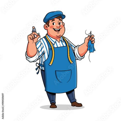 Happy male tailor holding sewing needle and thimble