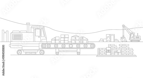Construction site with a truck carrying bricks an excavator and a pile of bricks in the foreground on a building construction site with mountains in the distance.