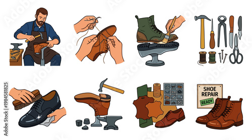 Shoe repair and maintenance services with various tools and techniques applied