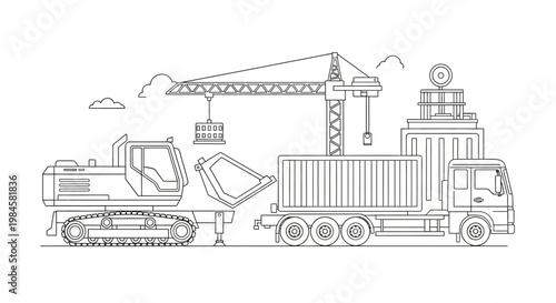Heavy construction equipment with excavator crane and dump truck for industrial site preparation and earthmoving operations