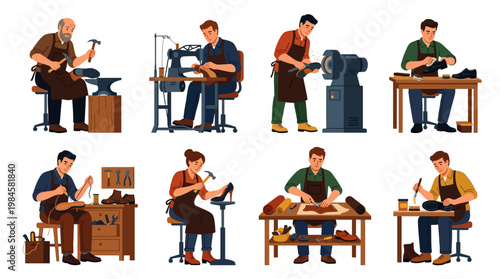 Shoe makers working on footwear in a workshop setting with various tools
