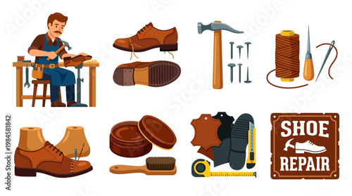 Shoemaker repairing brown leather shoes with various tools and equipment