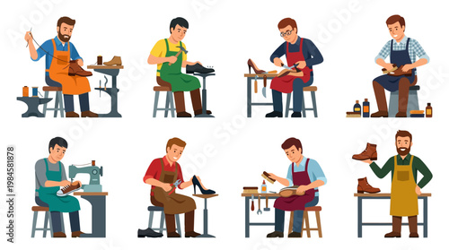 Shoe repairmen working on various types of footwear with tools and equipment