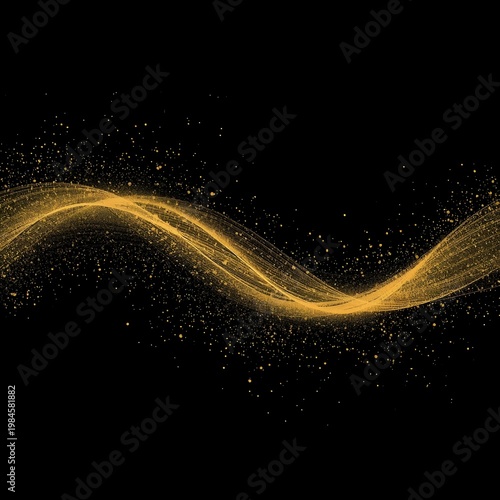 A vibrant golden wave of sparkling particles flows across a dark background