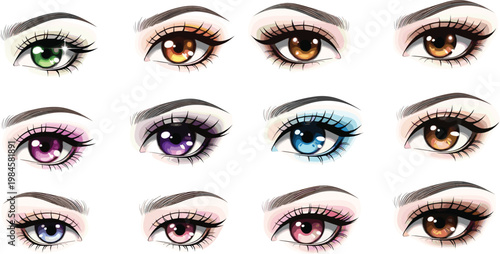 Eye Makeup Collection with Different Eyeliner Eyeshadow and Eyelash Styles Beauty Fashion Cosmetic Vector Illustration Set