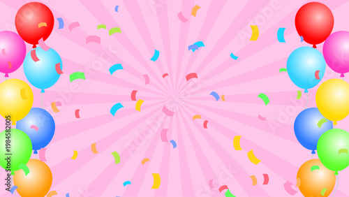 風船と紙吹雪の華やかな集中線背景　ピンク