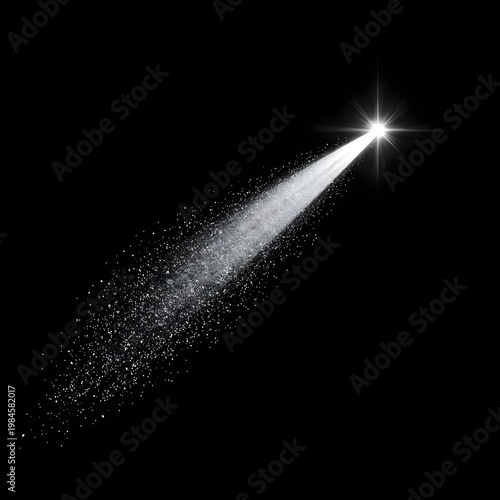 A bright white streak of light shoots across a dark background