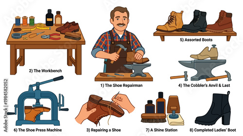 A friendly shoeman is working on repairing a pair of shoes