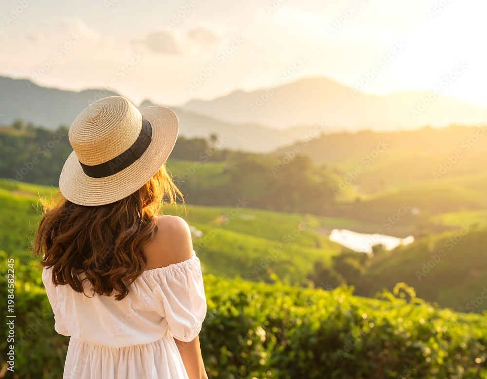 Fototapeta premium Woman in white dress/hat views rolling green hills, lake, and golden sunset horizon