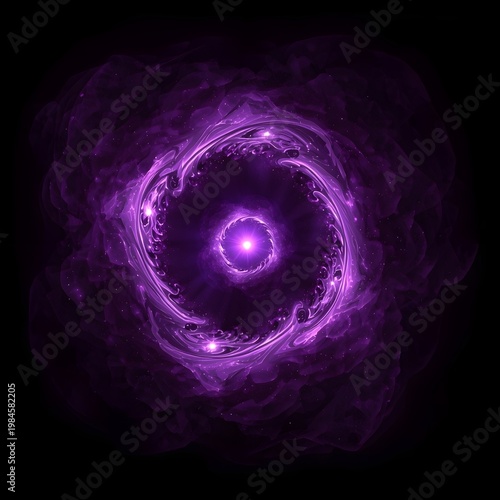 A vibrant purple galaxy with a bright center and swirling clouds of gas and dust in space