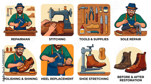 Shoe repair services including stitching and polishing by a skilled repairman
