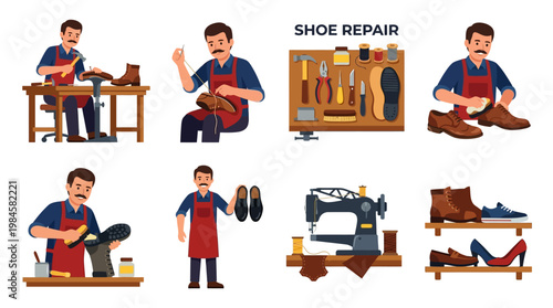 Shoe repairman working on various footwear with tools and equipment