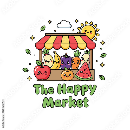 Kawaii market stall with happy cartoon fruits vegetables and The Happy Market text