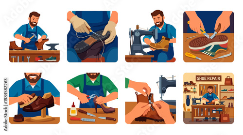 Shoe repairman working on various tasks in a workshop environment daily