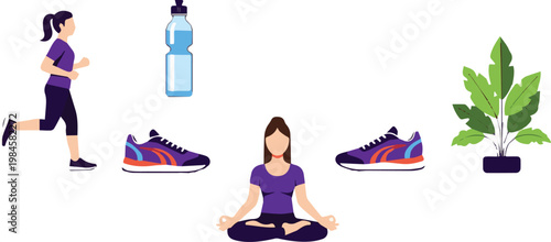 Woman meditates peacefully outdoors with running gear and water bottle nearby