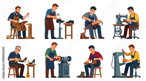Shoemakers working on footwear with various tools and equipment in a workshop setting
