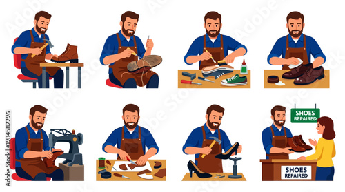 Cartoon shoemaker repairing various shoes with tools and machines in a workshop setting with customer service