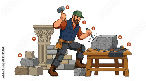 Mason working on stone block with hammer and chisel in workshop