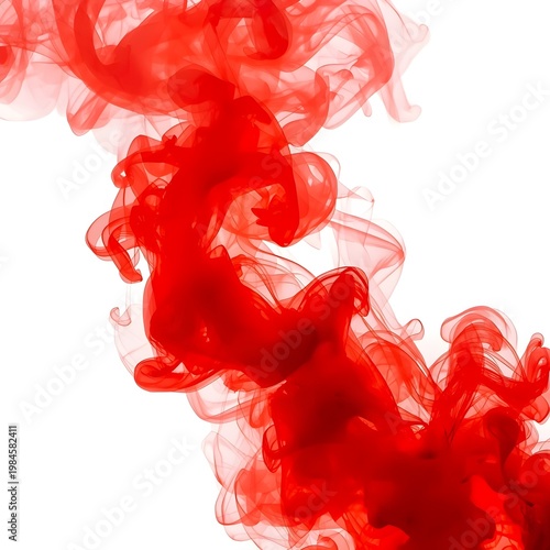 A vibrant red smoke swirling in mid-air against a clean white background