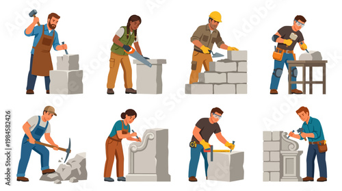 Stonemasons working with stone blocks and tools in various construction and craftsmanship scenes