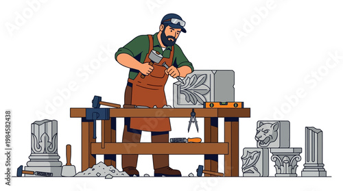 Stone sculptor working on a leaf design on a block of stone