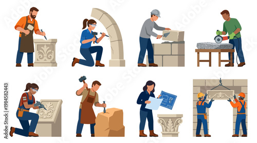 Construction workers laborers crafting installing stone blocks and carvings