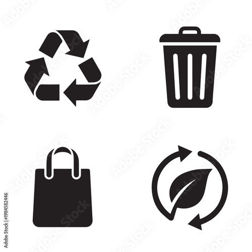 Ecology and Waste Management Icon Set - Isolated Flat Vector Black Silhouette Graphic Resource