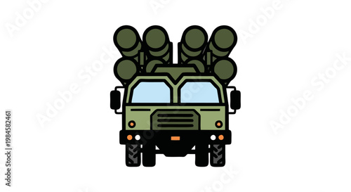 Cartoon illustration of a military surface-to-air missile launcher truck with multiple missile tubes ready for defense.