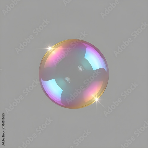 A vibrant, iridescent sphere shines brightly against a neutral gray background, radiating colorful reflections and light.