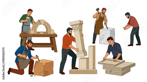 Workers crafting stone and wood sculptures with tools and techniques