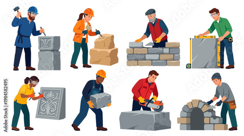 Masonry workers constructing and carving stone blocks for building a wall
