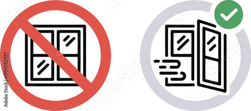 Simple line icons show a closed window prohibited and an open window allowing air to flow