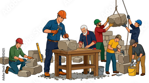 Construction workers building a stone wall with blocks and tools