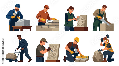 Construction workers engaged in various stone masonry tasks with tools and materials