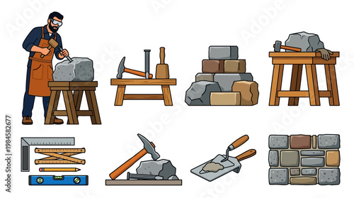 Mason working with stone and tools on workbench