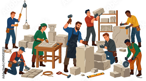 Workers constructing building with stone blocks and tools
