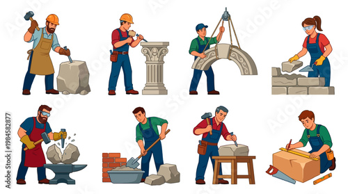 Construction workers engaged in various tasks with tools and materials on site