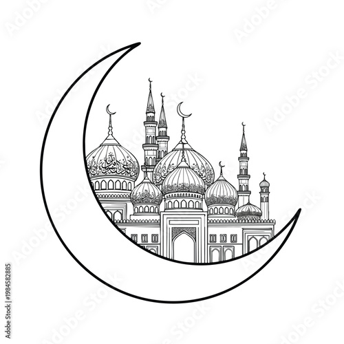 Elegant Line Drawing of a Mosque with Crescent Moon for Religious and Cultural Design