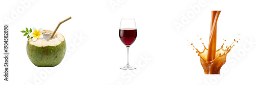 Coconut with straw and flower and red wine and liquid splash on white transparent background
