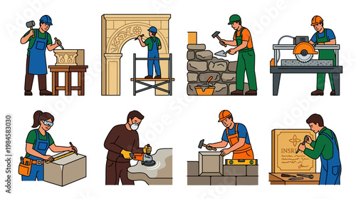 Workers engaged in various stone masonry tasks with tools and equipment