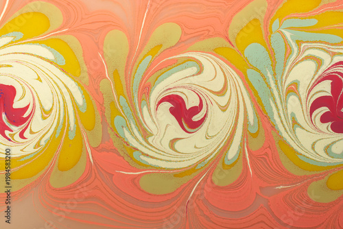 Dark floral Ebru marbling background with contrasting liquid ink swirls and gold accents