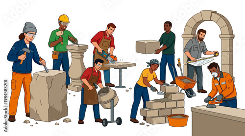 Construction workers building and repairing with various materials and tools