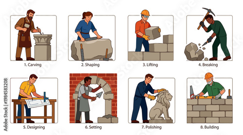 Stone processing steps infographic with workers carving, shaping, lifting, breaking, designing, setting, polishing, building